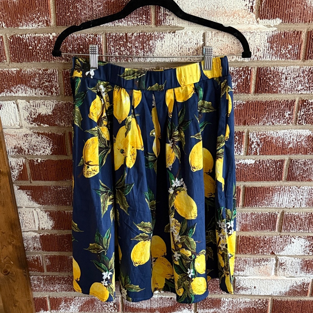 Navy Lemon Print A-Line Skirt Sz L Cotton Mediterranean Amalfi Coast Retro 50s - Picture 4 of 7